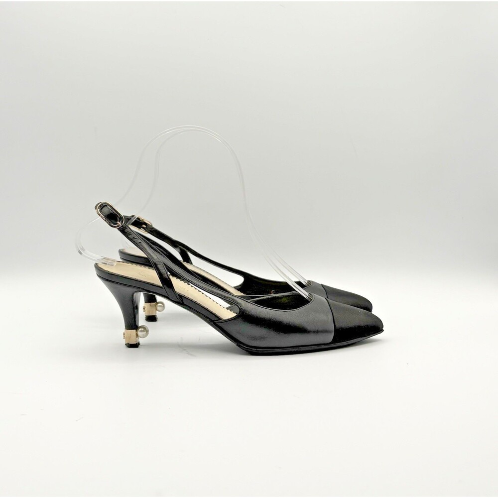 Chanel Black Slingback Heels w/ Pearl Accent Cap Toe Pointed Toe Size EU 36